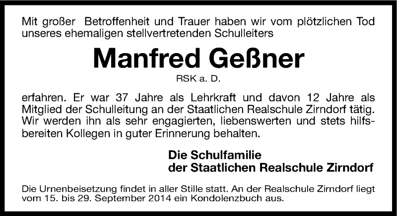  Traueranzeige für Manfred Geßner vom 03.09.2014 aus Fürther Nachrichten