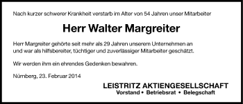 Traueranzeige von Walter Margreiter von Gesamtausgabe Nürnberger Nachrichten/ Nürnberger Ztg.