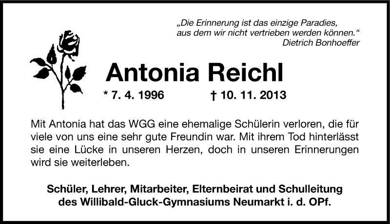  Traueranzeige für Antonia Reichl vom 15.11.2013 aus Gesamtausgabe Nürnberger Nachrichten/ Nürnberger Ztg.