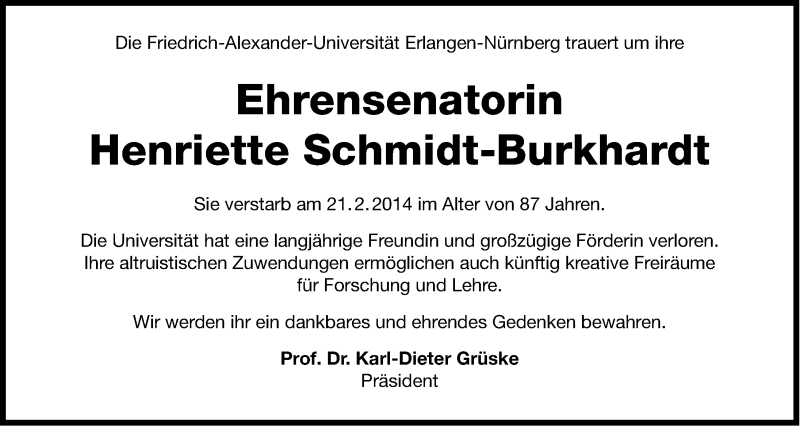  Traueranzeige für Henriette Schmidt-Burkhardt vom 26.02.2014 aus  Gesamtausgabe Nürnberger Nachrichten/ Nürnberger Ztg. 