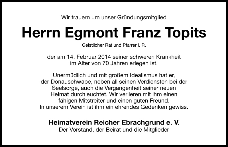  Traueranzeige für Egmont Topits vom 20.02.2014 aus Nordbayerische Nachrichten Herzogenaurach