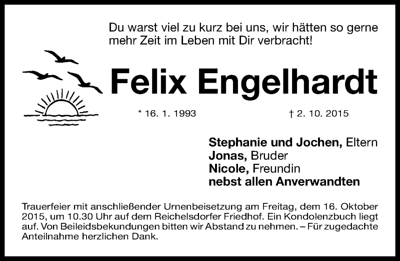  Traueranzeige für Felix Engelhardt vom 14.10.2015 aus Gesamtausgabe Nürnberger Nachrichten/ Nürnberger Ztg.