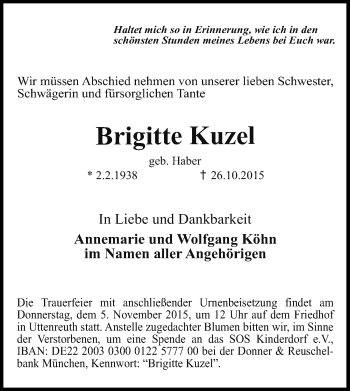 Traueranzeige von Brigitte Kuzel von Erlanger Nachrichten Lokal