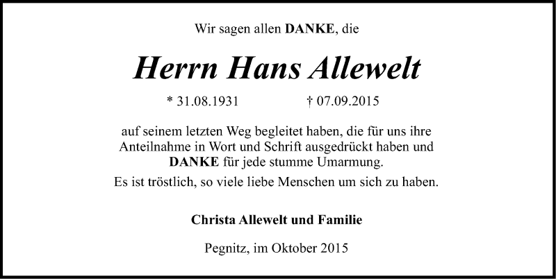  Traueranzeige für Hans Allewelt vom 16.10.2015 aus Nordbayerische Nachrichten Pegnitz Lokal