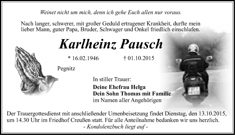  Traueranzeige für Karlheinz Pausch vom 10.10.2015 aus Gesamtausgabe Nürnberger Nachrichten/ Nürnberger Ztg.