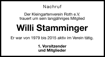 Traueranzeige von Willi Stamminger von Roth-Hilpoltsteiner Volkszeitung Lokal
