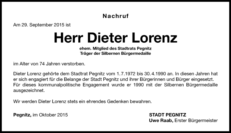  Traueranzeige für Dieter Lorenz vom 05.10.2015 aus Nordbayerische Nachrichten Pegnitz Lokal