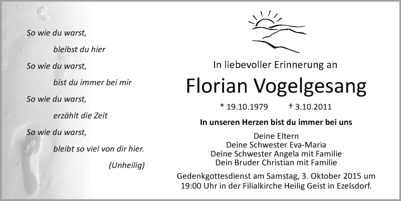  Traueranzeige für Florian Vogelgesang vom 02.10.2015 aus Neumarkter Nachrichten Lokal