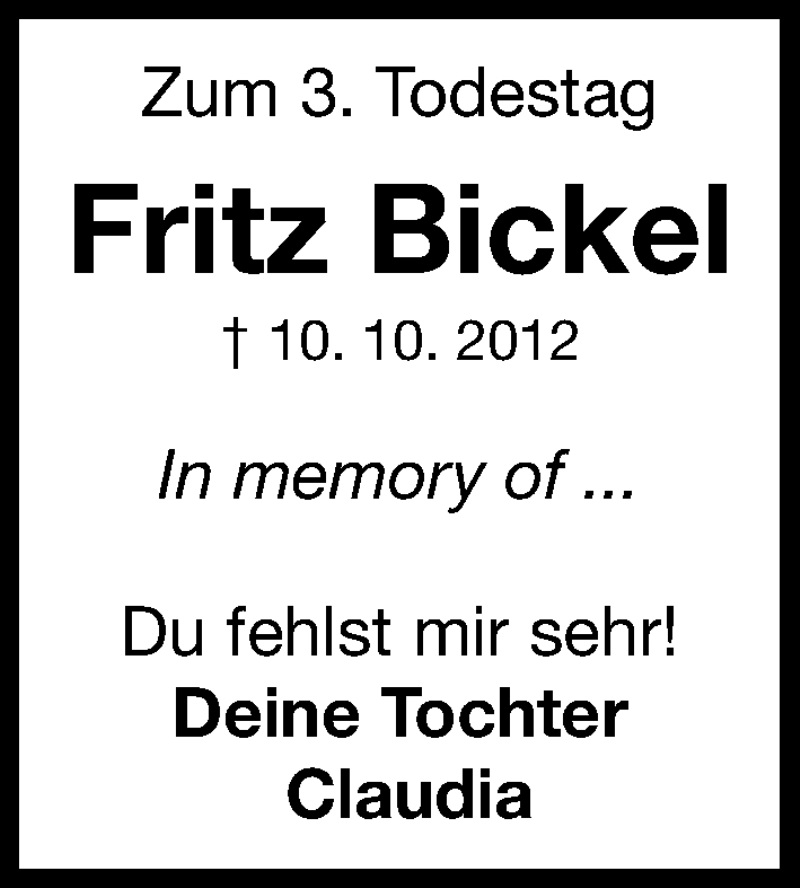  Traueranzeige für Fritz Bickel vom 10.10.2015 aus Roth-Hilpoltsteiner Volkszeitung Lokal