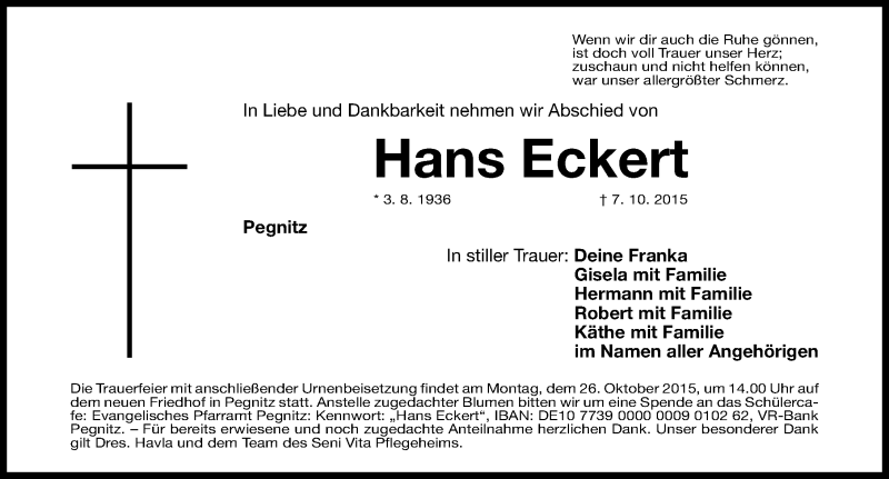  Traueranzeige für Hans Eckert vom 23.10.2015 aus Nordbayerische Nachrichten Pegnitz Lokal