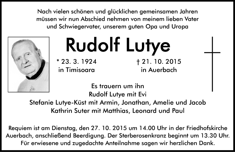  Traueranzeige für Rudolf Lutye vom 23.10.2015 aus Nordbayerische Nachrichten Pegnitz Lokal