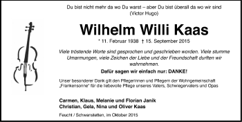 Traueranzeige von Wilhelm Willi Kaas von Gesamtausgabe Nürnberger Nachrichten/ Nürnberger Ztg.