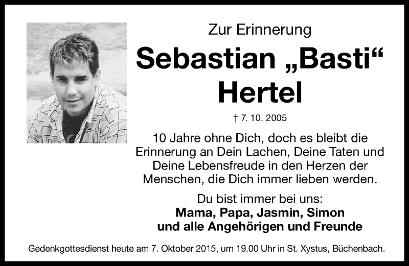  Traueranzeige für Sebastian Hertel vom 07.10.2015 aus Erlanger Nachrichten Lokal
