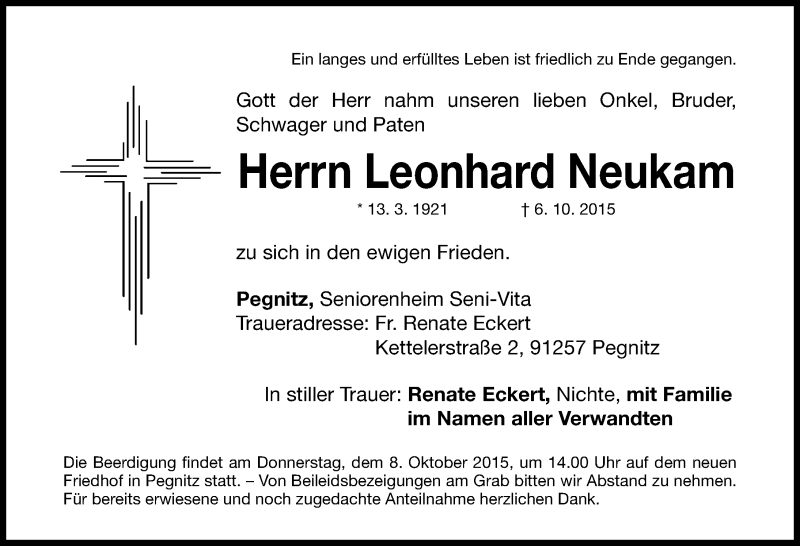  Traueranzeige für Leonhard Neukam vom 07.10.2015 aus Nordbayerische Nachrichten Pegnitz Lokal