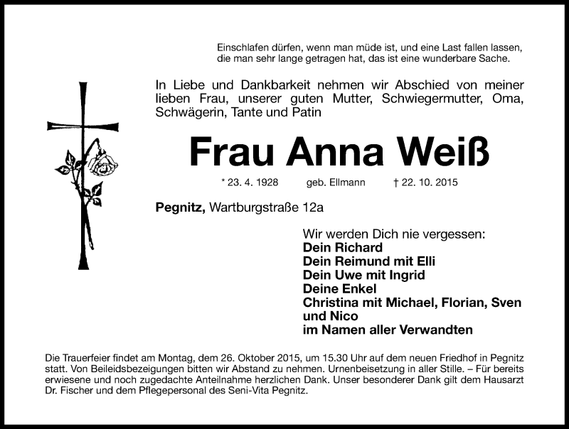  Traueranzeige für Anna Weiß vom 24.10.2015 aus Nordbayerische Nachrichten Pegnitz Lokal