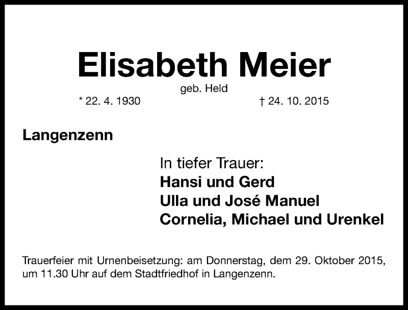  Traueranzeige für Elisabeth Meier vom 28.10.2015 aus Gesamtausgabe Nürnberger Nachrichten/ Nürnberger Ztg./ Fürther Nachrichten