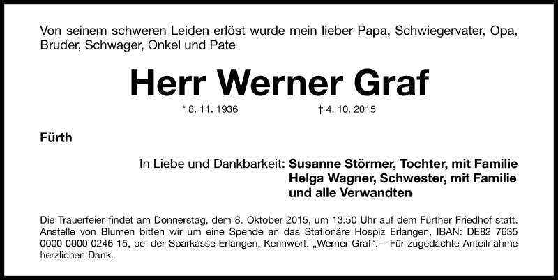  Traueranzeige für Werner Graf vom 06.10.2015 aus Fürther Nachrichten Lokal