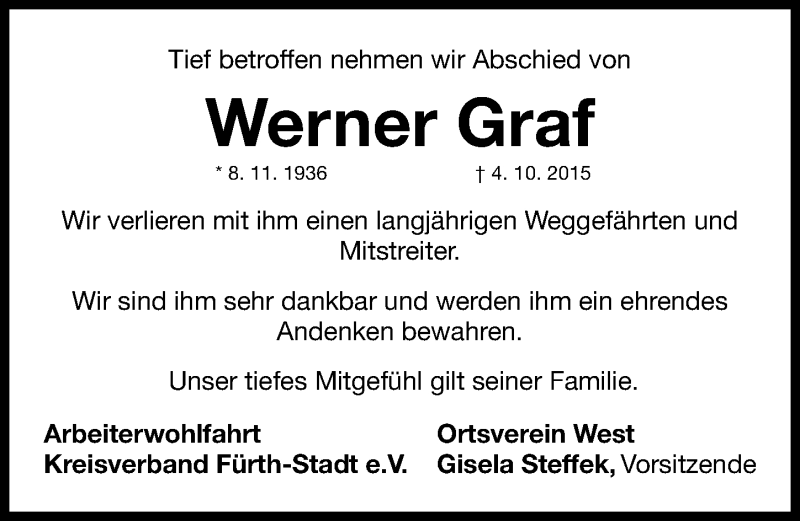  Traueranzeige für Werner Graf vom 09.10.2015 aus Fürther Nachrichten Lokal
