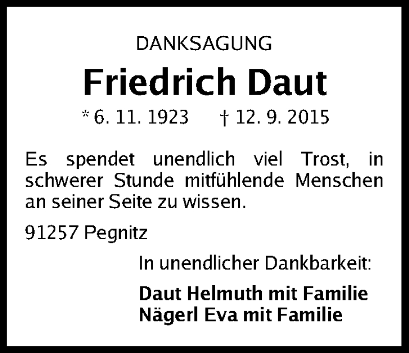  Traueranzeige für Friedrich Daut vom 17.10.2015 aus Nordbayerische Nachrichten Pegnitz Lokal