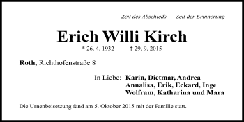 Traueranzeige von Erich Willi Kirch von Roth-Hilpoltsteiner Volkszeitung Lokal