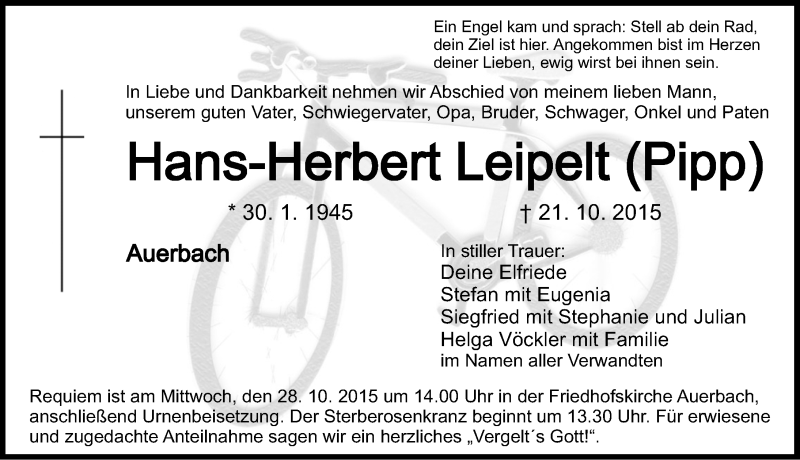  Traueranzeige für Hans-Herbert Leipelt vom 24.10.2015 aus Nordbayerische Nachrichten Pegnitz Lokal