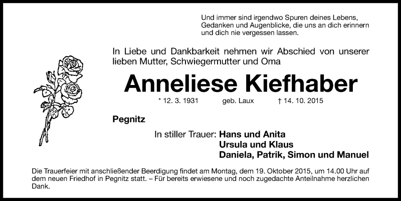  Traueranzeige für Anneliese Kiefhaber vom 16.10.2015 aus Nordbayerische Nachrichten Pegnitz Lokal