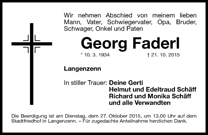  Traueranzeige für Georg Faderl vom 24.10.2015 aus Fürther Nachrichten Lokal
