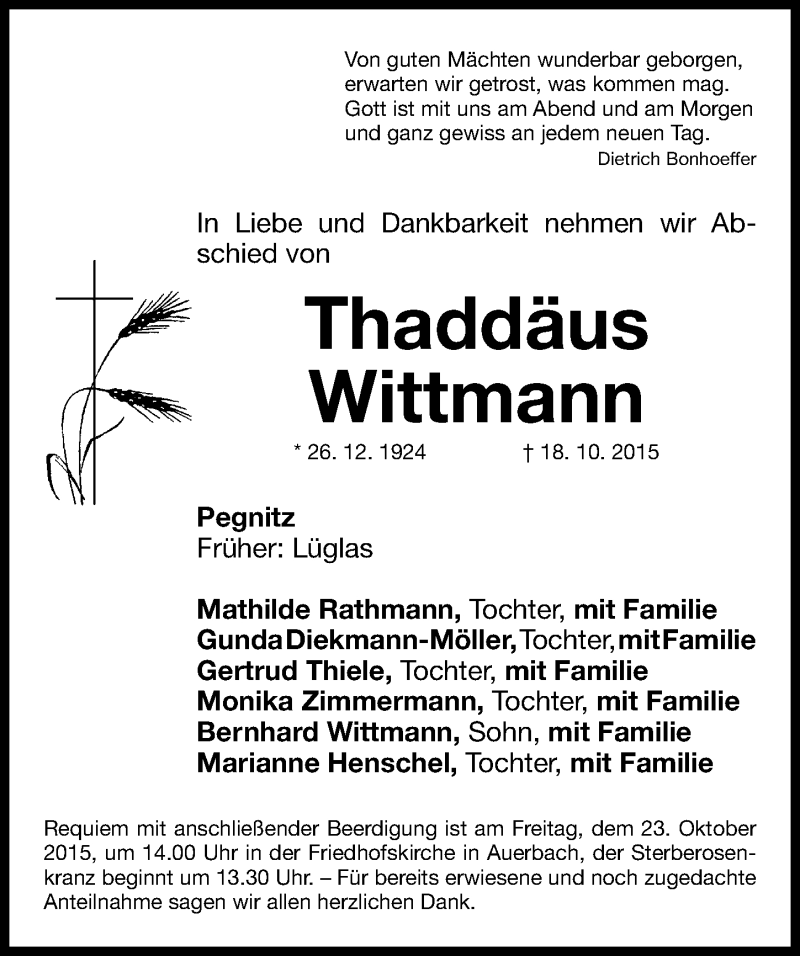  Traueranzeige für Thaddäus Wittmann vom 21.10.2015 aus Nordbayerische Nachrichten Pegnitz Lokal