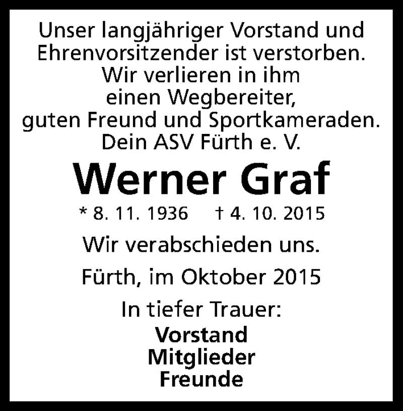  Traueranzeige für Werner Graf vom 09.10.2015 aus Fürther Nachrichten Lokal