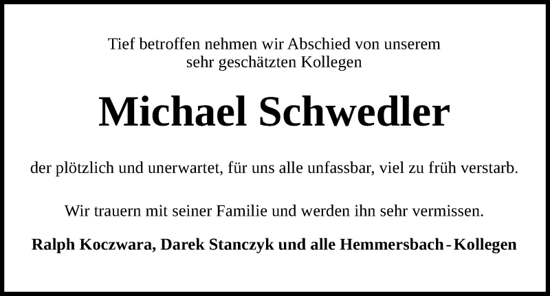  Traueranzeige für Michael Schwedler vom 22.10.2015 aus Gesamtausgabe Nürnberger Nachrichten/ Nürnberger Ztg.