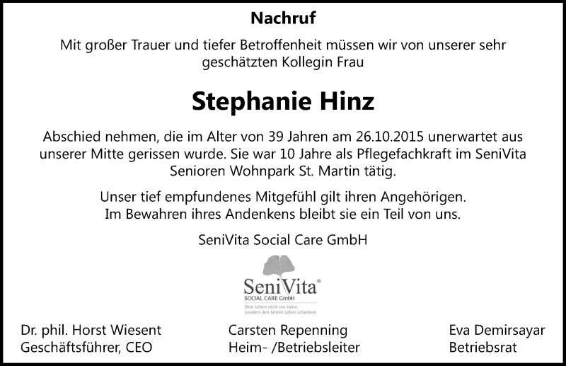  Traueranzeige für Stephanie Hinz vom 31.10.2015 aus Erlanger Nachrichten Lokal