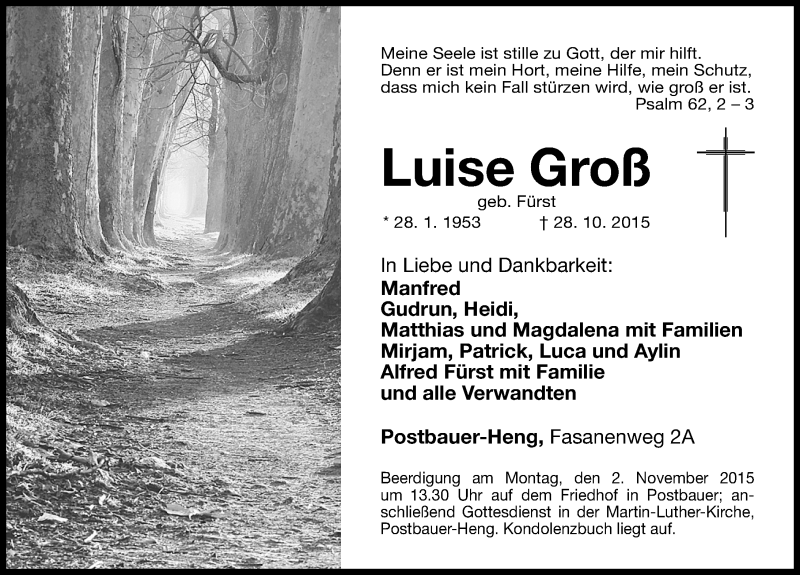  Traueranzeige für Luise Groß vom 30.10.2015 aus Neumarkter Nachrichten Lokal