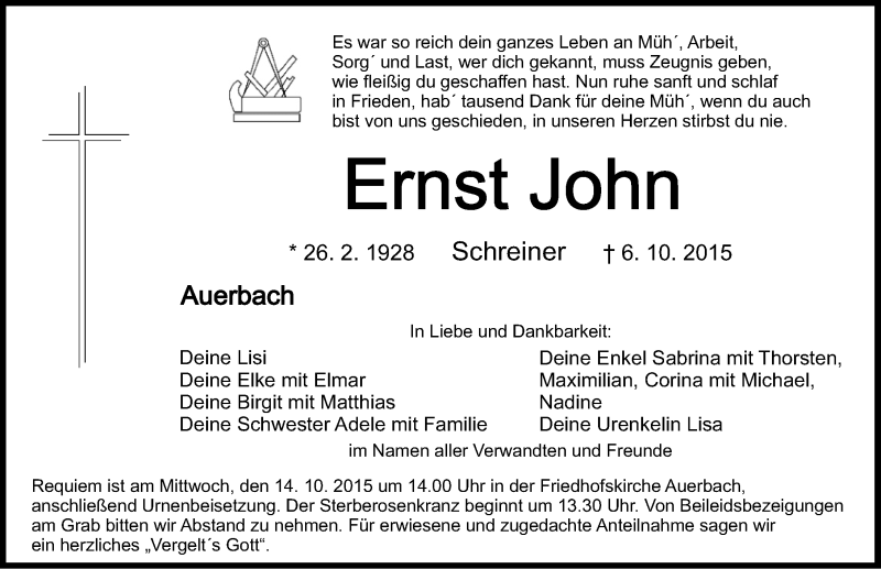  Traueranzeige für Ernst John vom 10.10.2015 aus Nordbayerische Nachrichten Pegnitz Lokal