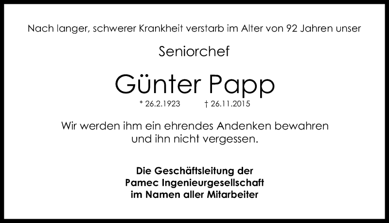  Traueranzeige für Günter Papp vom 28.11.2015 aus Gesamtausgabe Nürnberger Nachrichten/ Nürnberger Ztg.
