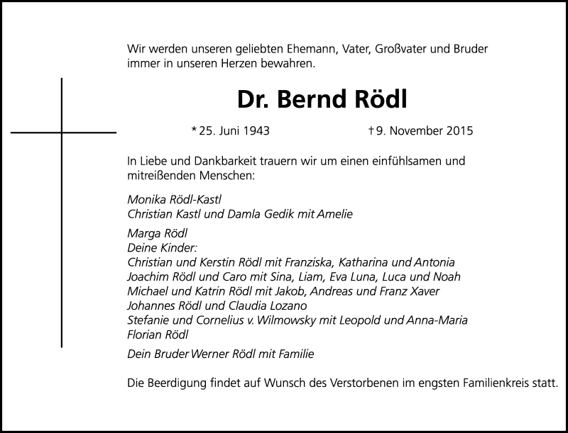  Traueranzeige für Bernd Rödl vom 11.11.2015 aus Gesamtausgabe Nürnberger Nachrichten/ Nürnberger Ztg.