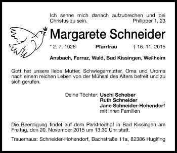 Traueranzeige von Margarete Schneider von Altmühl-Bote Lokal