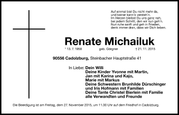 Traueranzeige von Renate Michailuk von Gesamtausgabe Nürnberger Nachrichten/ Nürnberger Ztg./ Fürther Nachrichten