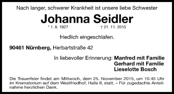 Traueranzeige von Johanna Seidler von Gesamtausgabe Nürnberger Nachrichten/ Nürnberger Ztg.