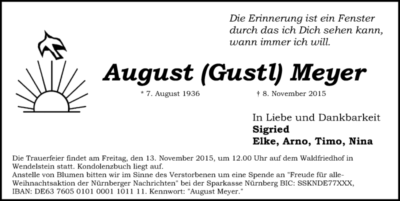  Traueranzeige für August Meyer vom 11.11.2015 aus Gesamtausgabe Nürnberger Nachrichten/ Nürnberger Ztg.