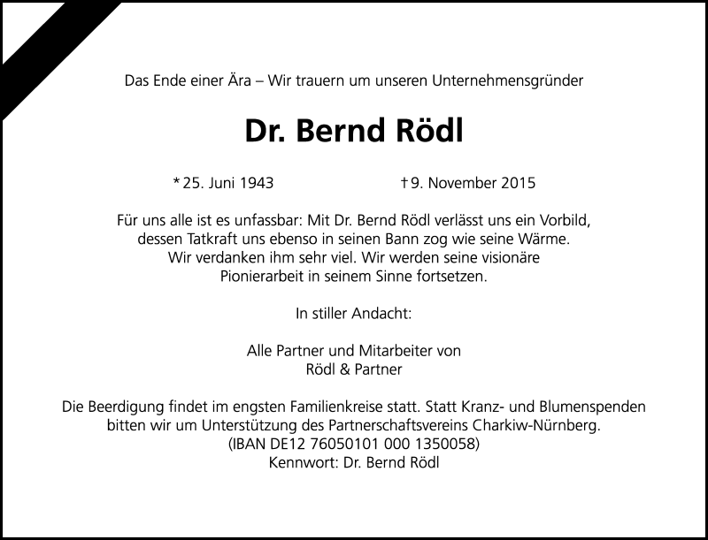  Traueranzeige für Bernd Rödl vom 11.11.2015 aus Gesamtausgabe Nürnberger Nachrichten/ Nürnberger Ztg.