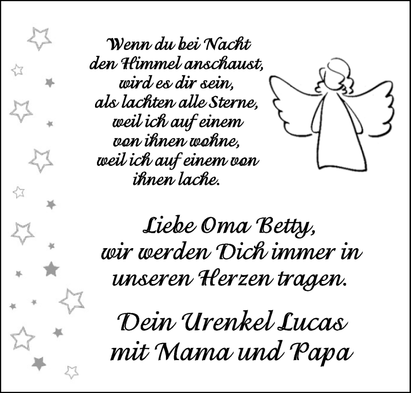 Traueranzeige für Betty Wiecher vom 21.11.2015 aus Nordbayerische Nachrichten Pegnitz Lokal