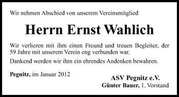 Traueranzeige von Ernst Wahlich von NORDBAYERISCHE NACHRICHTEN PEGNITZ LOKAL