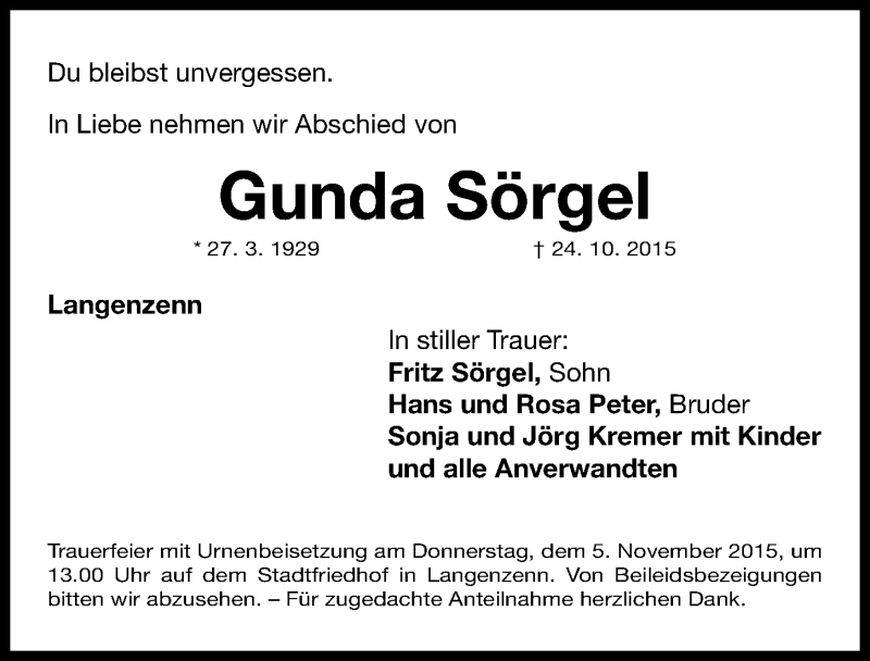  Traueranzeige für Gunda Sörgel vom 02.11.2015 aus Fürther Nachrichten Lokal