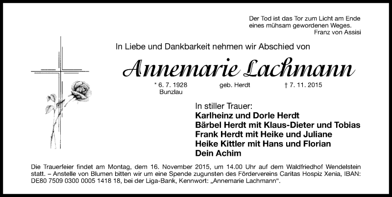  Traueranzeige für Annemarie Lachmann vom 11.11.2015 aus Gesamtausgabe Nürnberger Nachrichten/ Nürnberger Ztg.