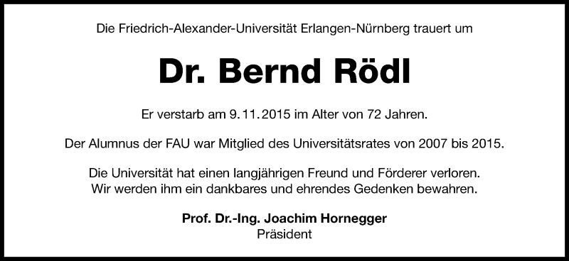  Traueranzeige für Bernd Rödl vom 13.11.2015 aus Erlanger Nachrichten Lokal