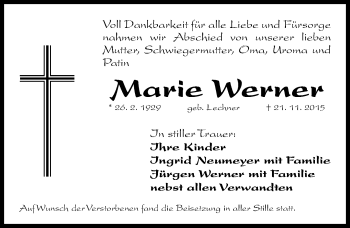 Traueranzeige von Marie Werner von Gesamtausgabe Nürnberger Nachrichten/ Nürnberger Ztg.