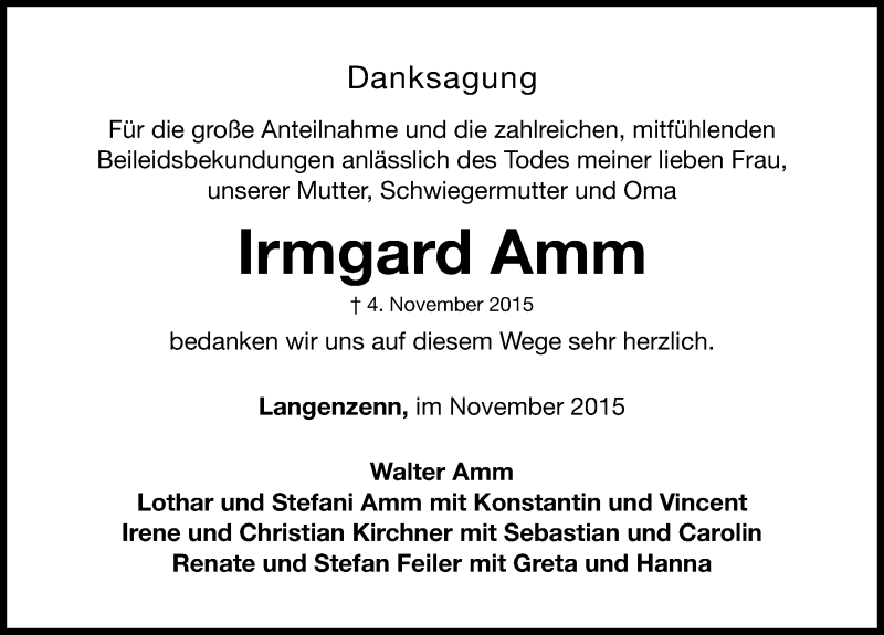  Traueranzeige für Irmgard Amm vom 28.11.2015 aus Fürther Nachrichten Lokal
