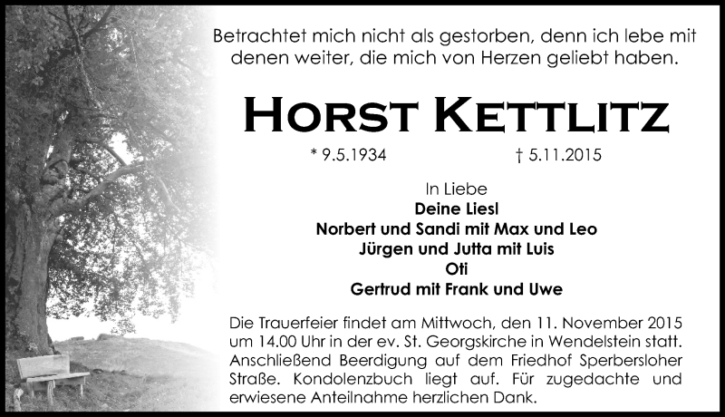  Traueranzeige für Horst Kettlitz vom 07.11.2015 aus Schwabach