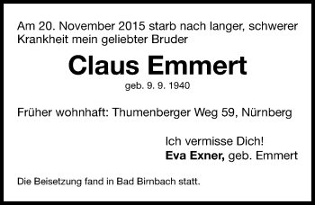 Traueranzeige von Claus Emmert von Gesamtausgabe Nürnberger Nachrichten/ Nürnberger Ztg.