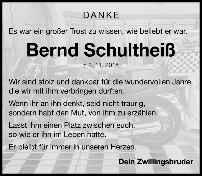  Traueranzeige für Bernd Schultheiß vom 28.11.2015 aus Roth-Hilpoltsteiner Volkszeitung Lokal